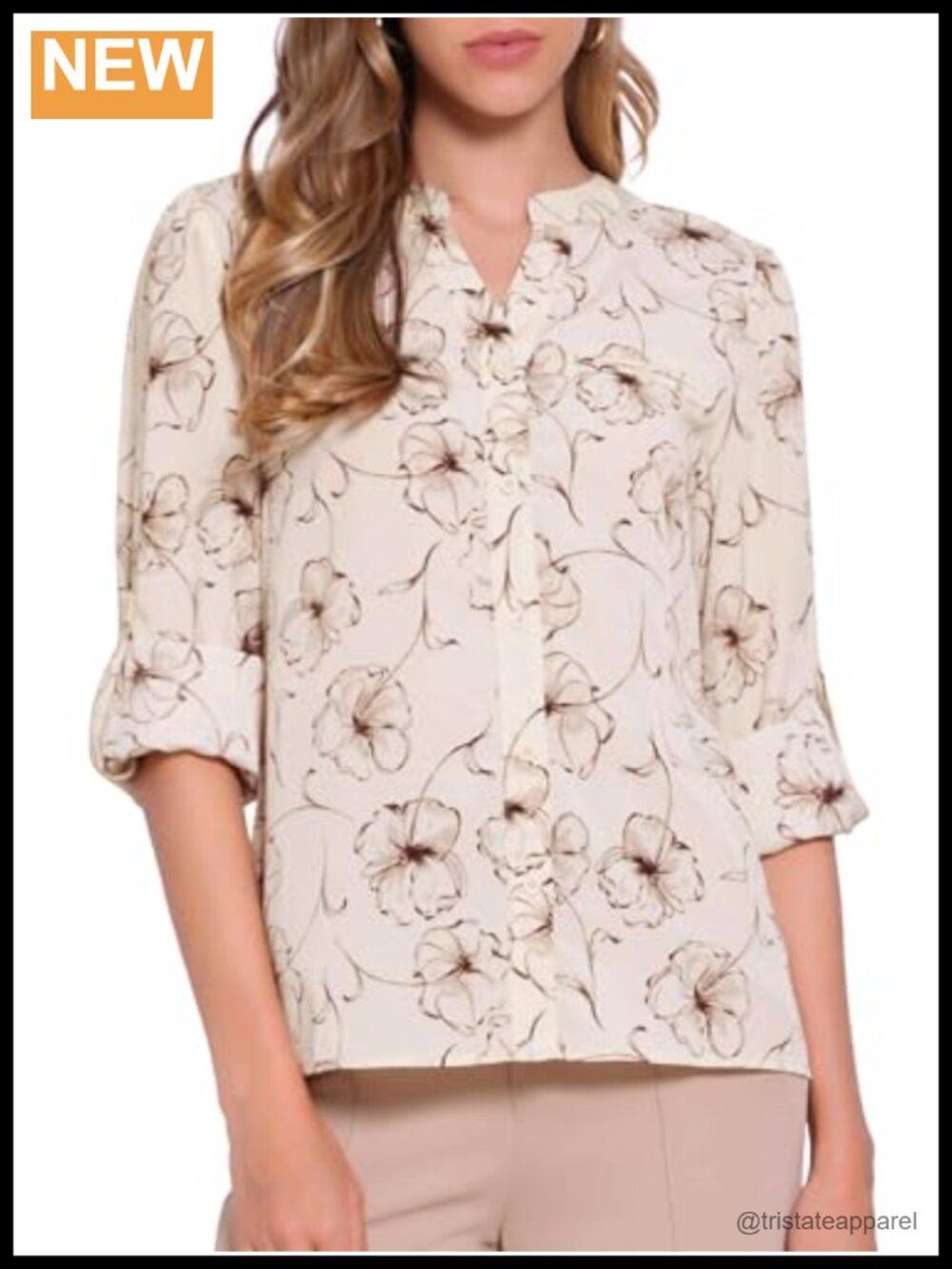 Womens Chiffon Floral V Neck 3/4 Sleeve Button Down Blouse